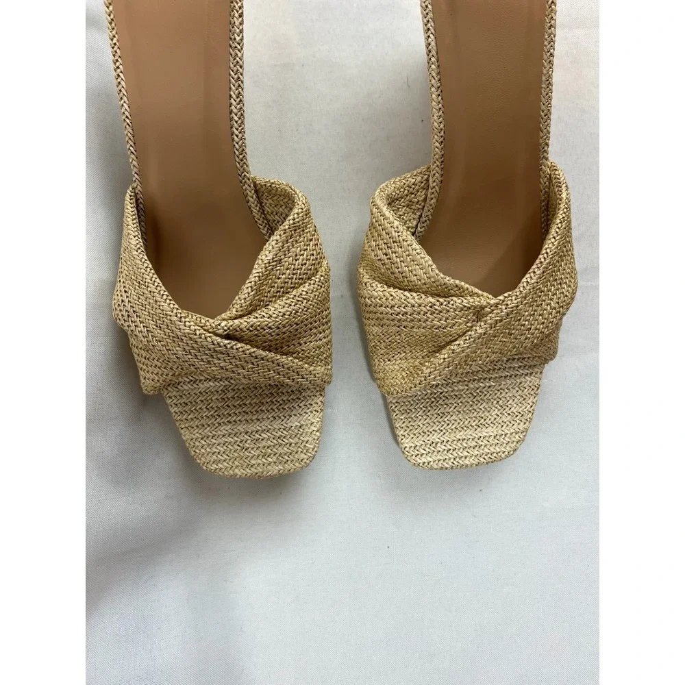 A New Day Womens Tan Woven Raffia Wedge Sandals Square Toe Slide Mules Size 9